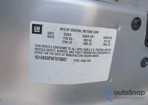 2006 Chevrolet Cobalt Ls z USA, uszkodzony, nr VIN 1G1AK58F967678887